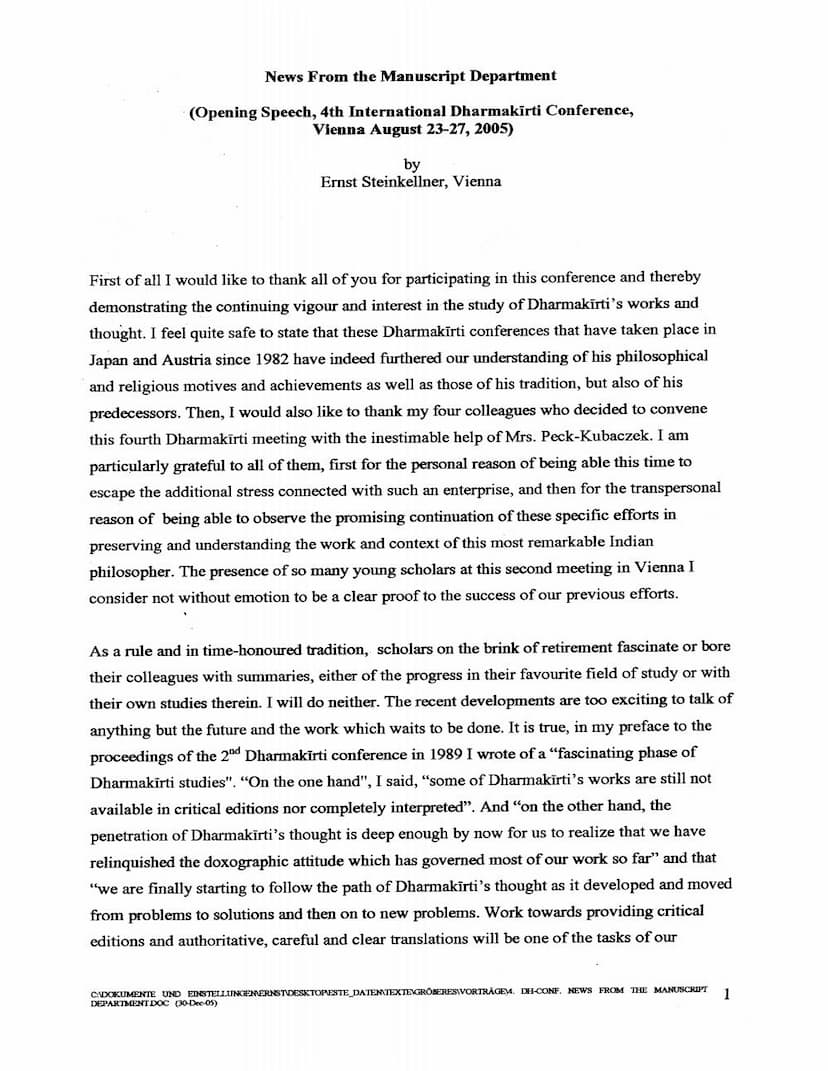 First page of Opening Speech 4th International Dharmakirti Conference Vienna 20050823