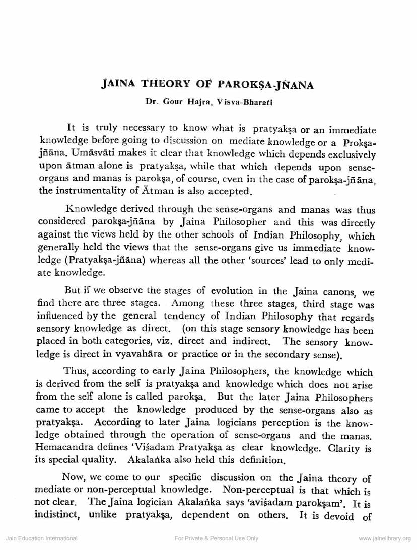 First page of Jaina Theory Of Paroksha Jnana