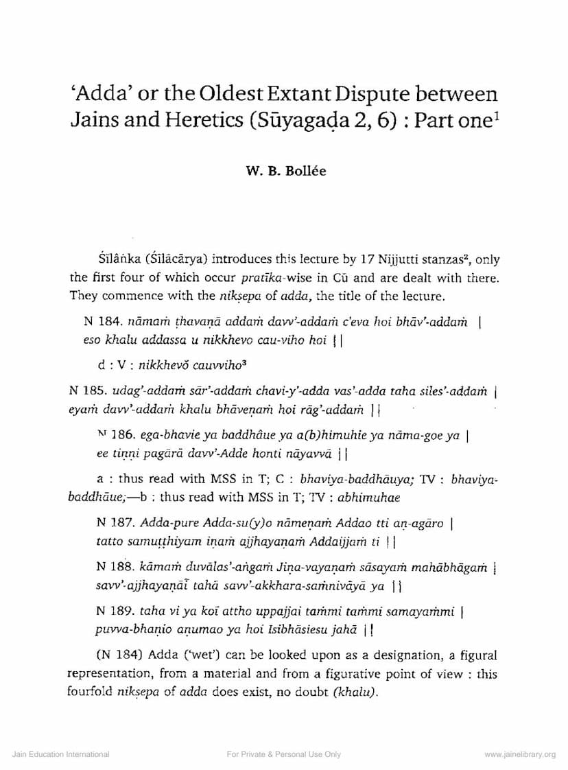 First page of Adda Or Oldest Extant Dispute Between Jains And Heretics
