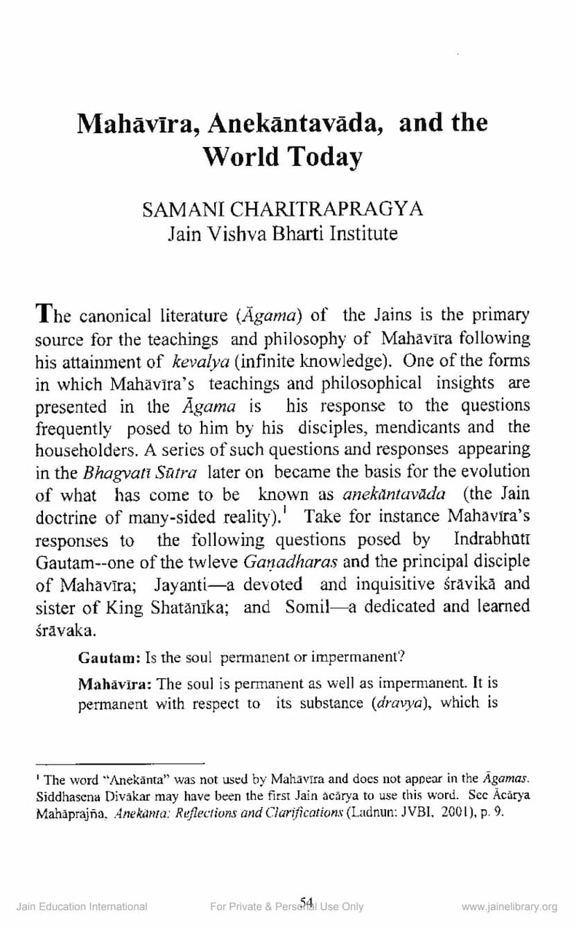 First page of Mahavira Anekantavada And World Today