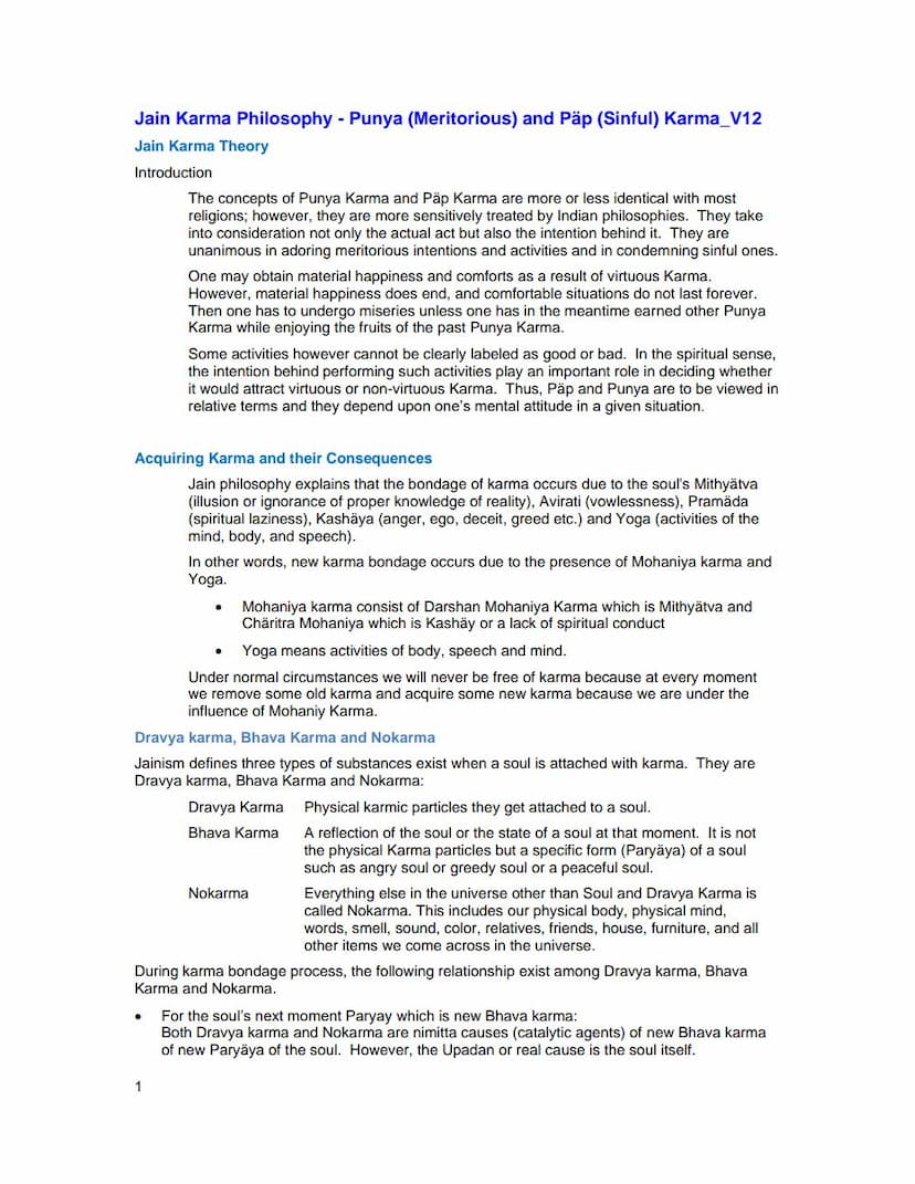 First page of Jain Karma Philosophy Punya And Pap Karma