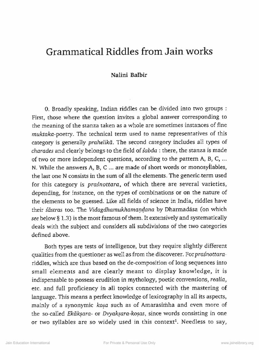First page of Grammatical Riddles From Jain Works