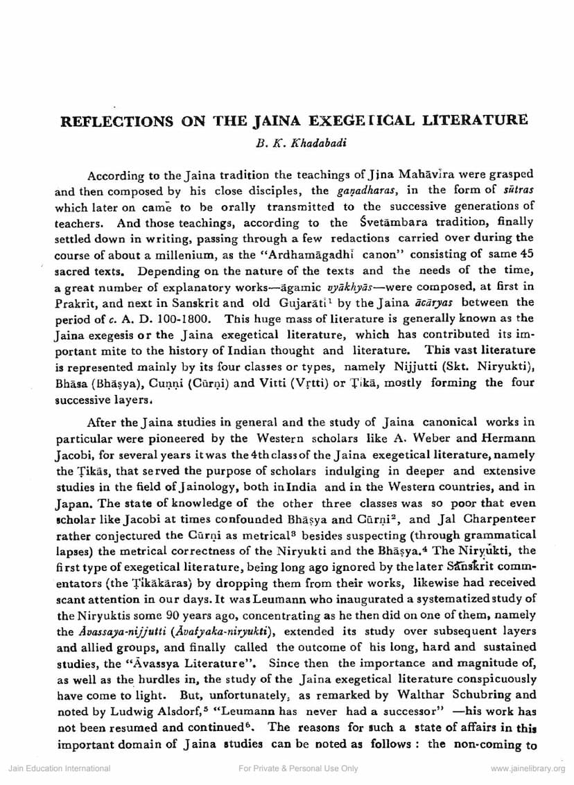 First page of Reflections On The Jaina Exgetical Literature