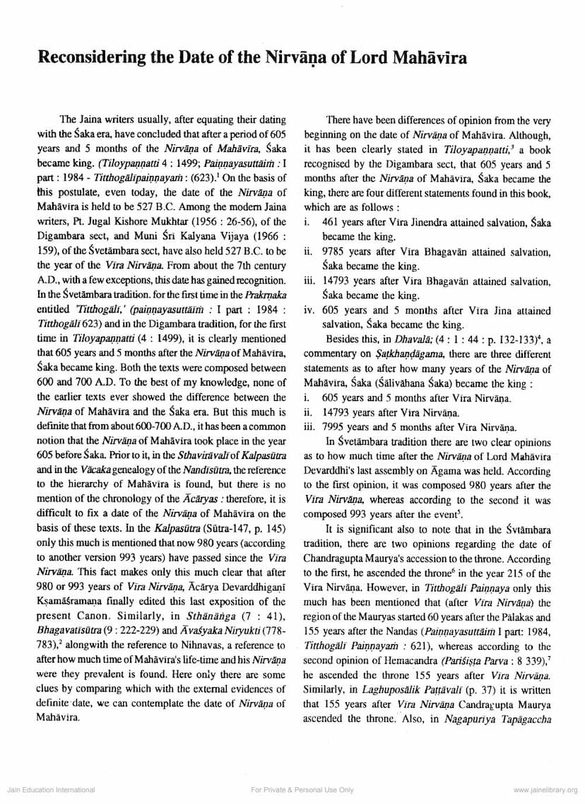 First page of Reconsidering The Date Of Nirvna Of Lord Mahavira