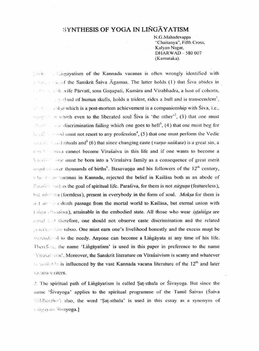 First page of Synthesis Of Yoga In Lingayatism