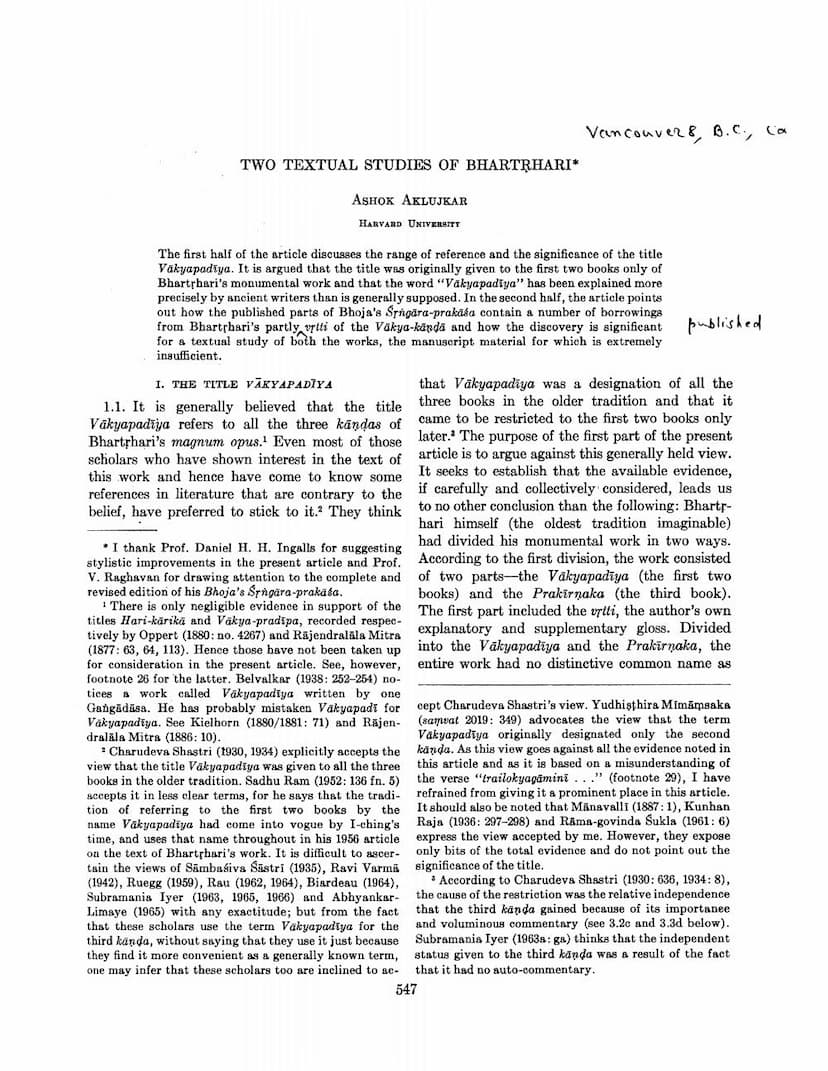 First page of Two Textual Studies Of Bhartrhari