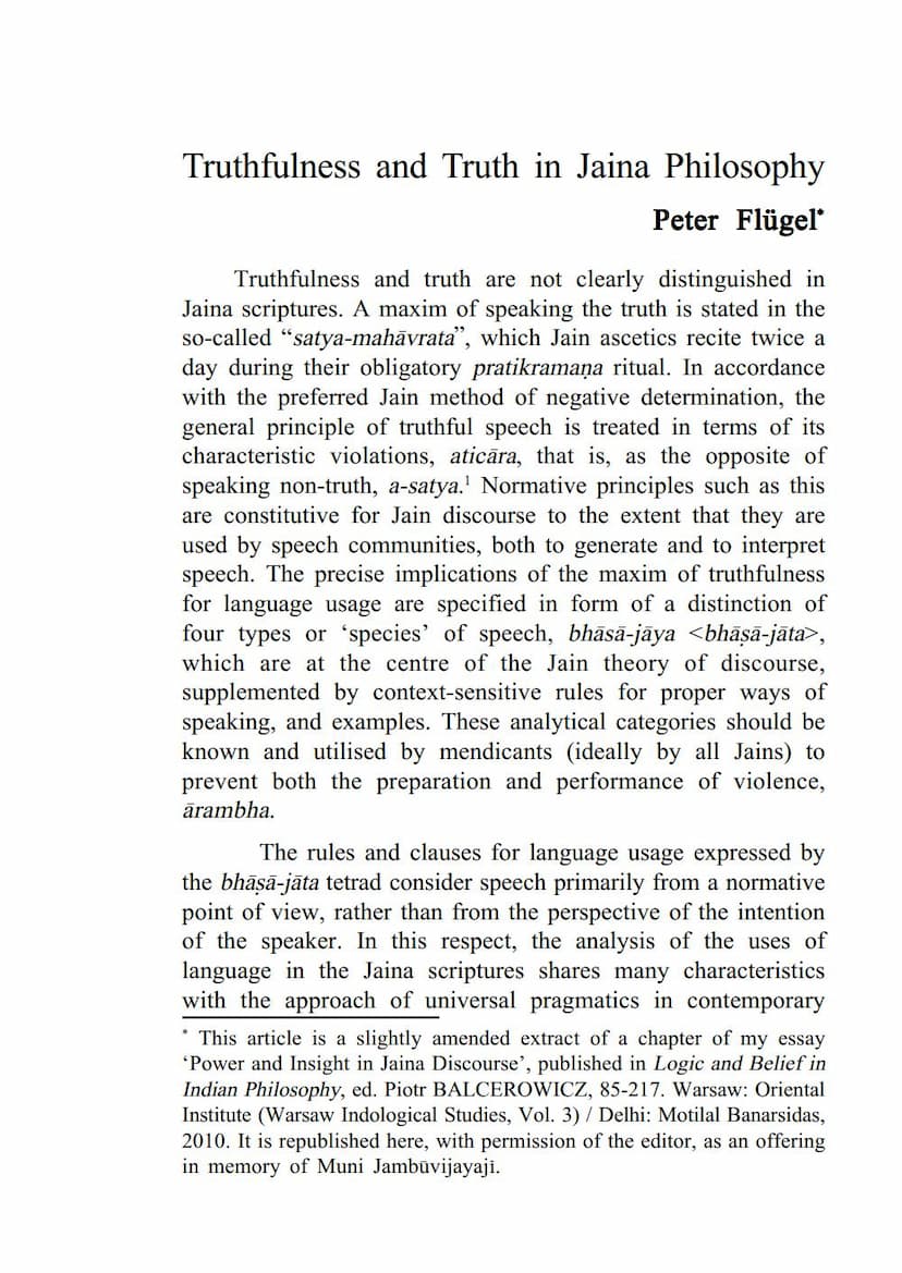 First page of Truthfullness And Truth In Jaina Philosophy