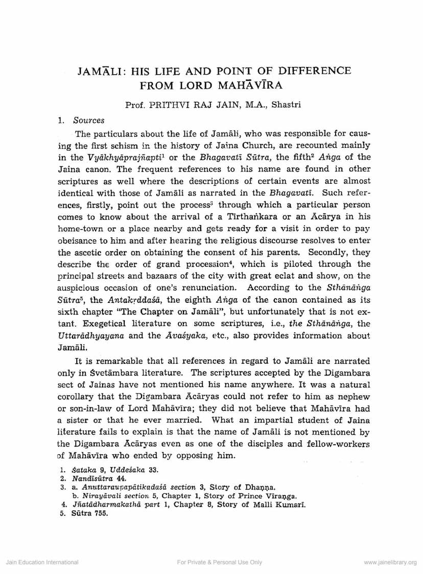 First page of Jamali His Life And Point Of Diference From Lord Mahavira