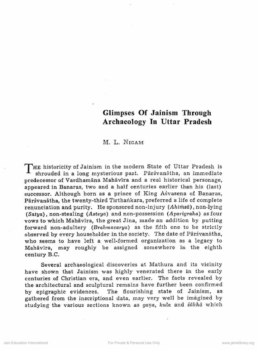 First page of Glimpses Of Jainism Through Arachaelogy In Uttar Pradesh