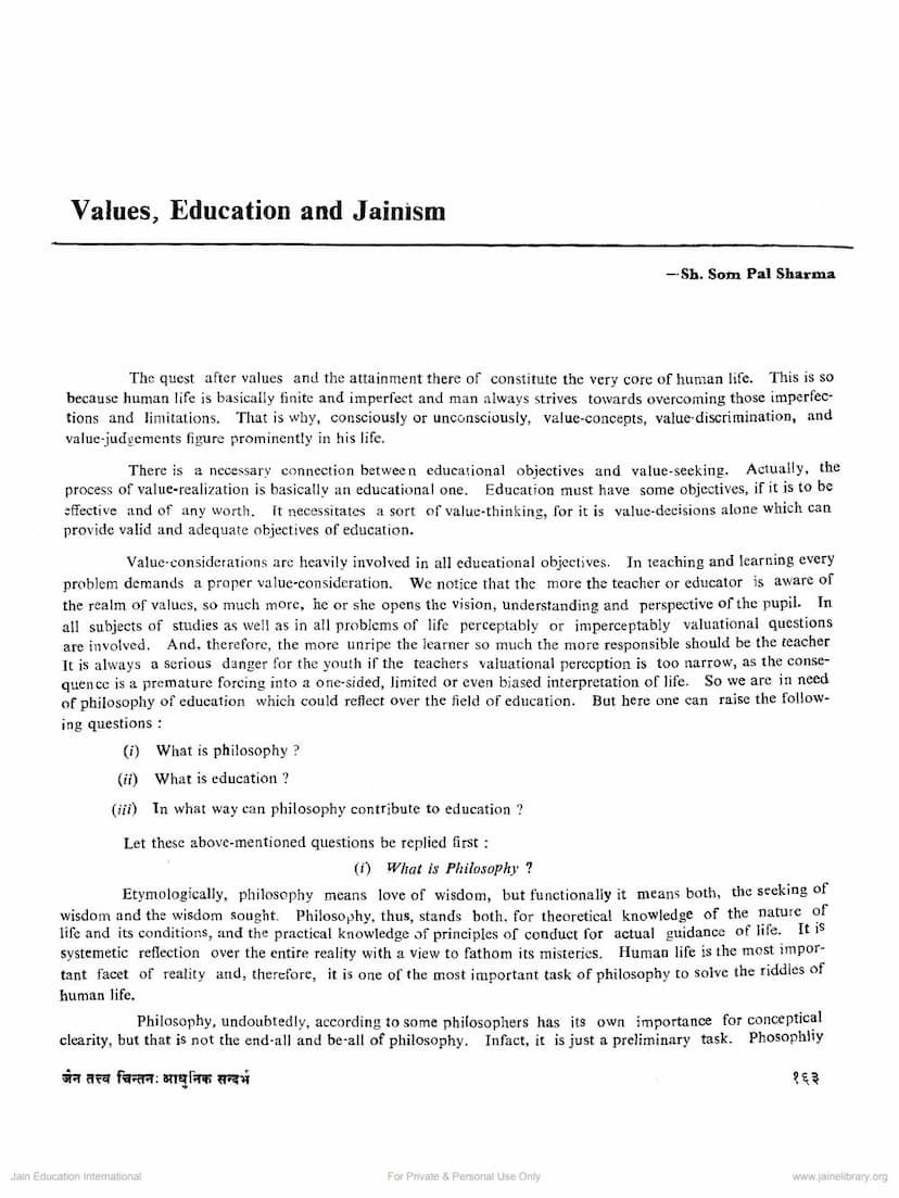 First page of Values Education And Jainism