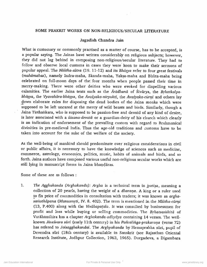 First page of Some Prakrit Works On Non Religious Literature