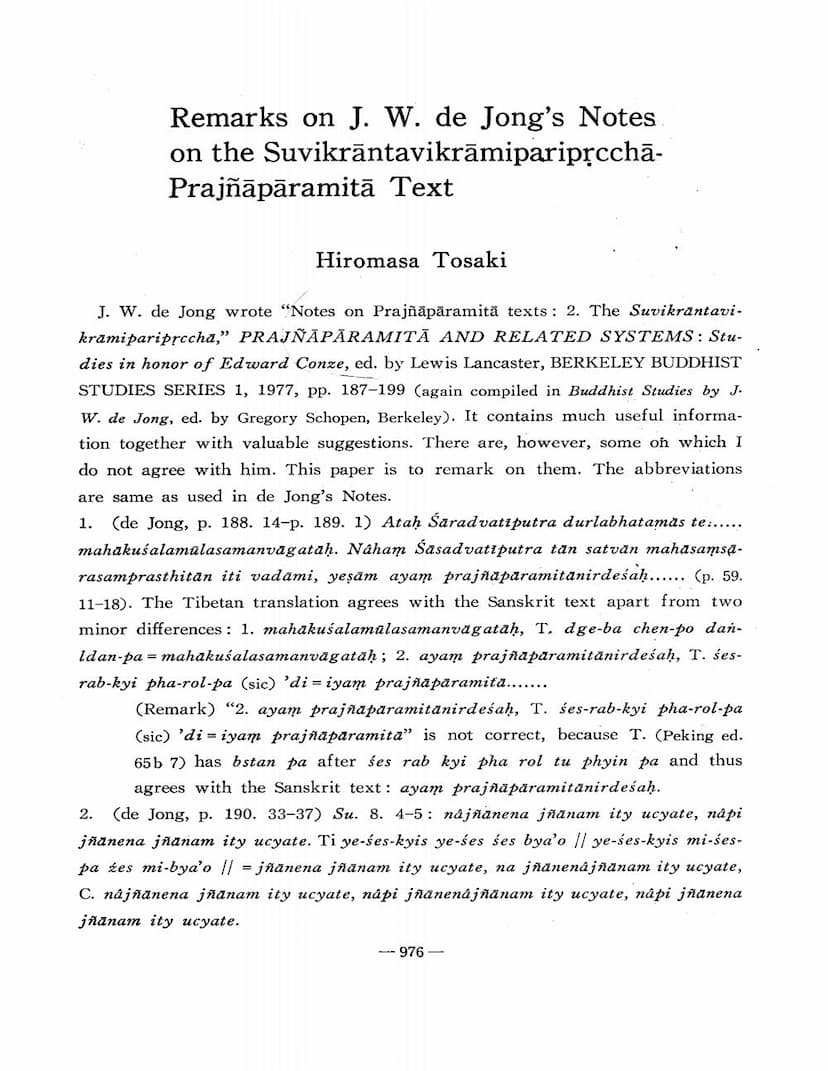 First page of Remarks On J W De Jongs Notes On Suvikrantavikramiparipraccha Prajnaparamita Text