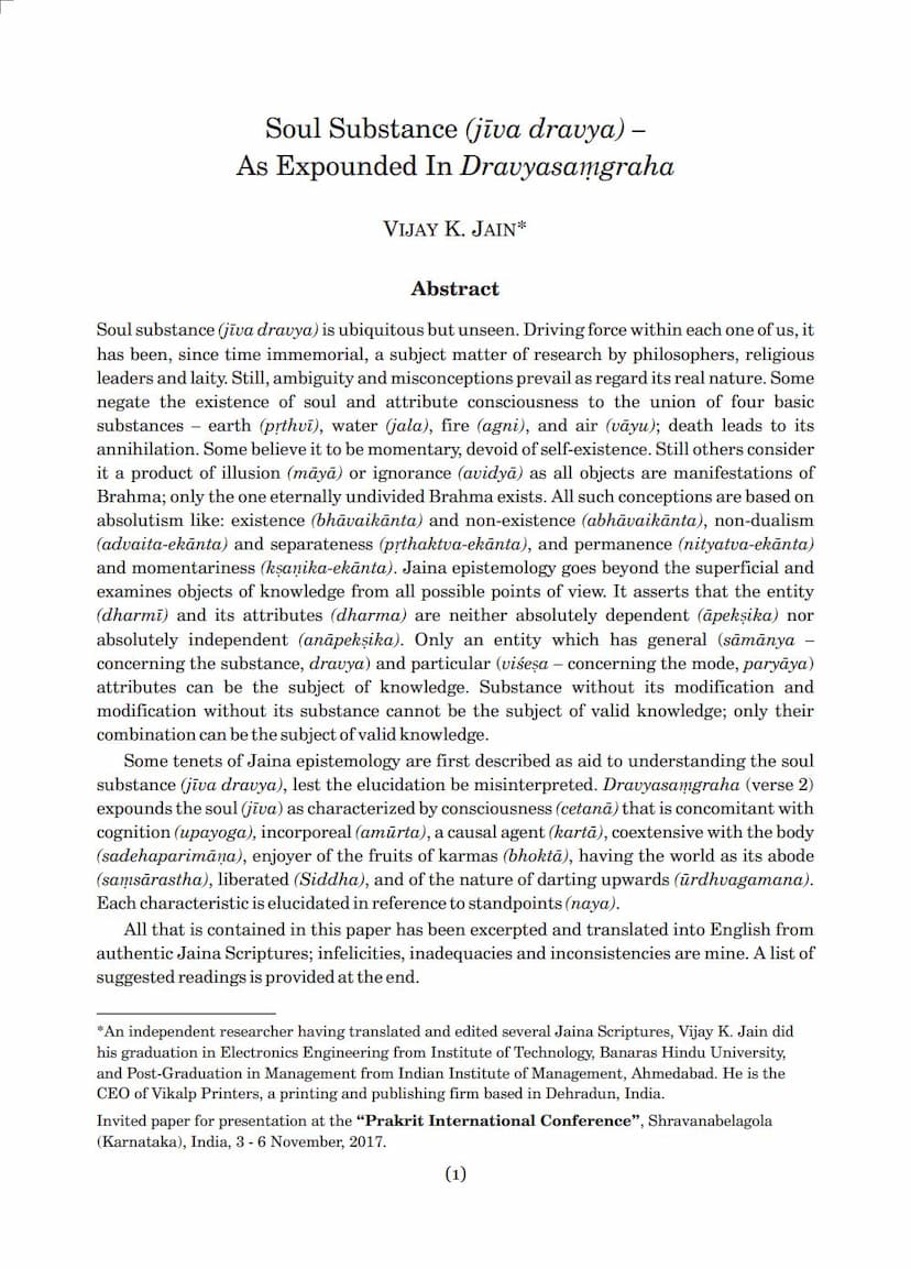 First page of Soul Substance Jiva Dravya As Expounded In Dravya Sangraha