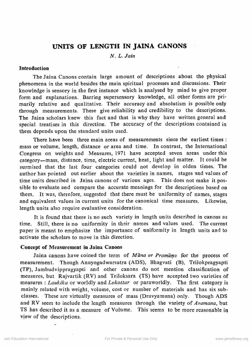 First page of Units Of Length In Jaina Canons