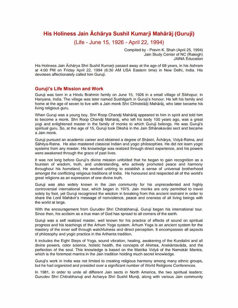 First page of Life And Work Of Acharya Sushil Muni