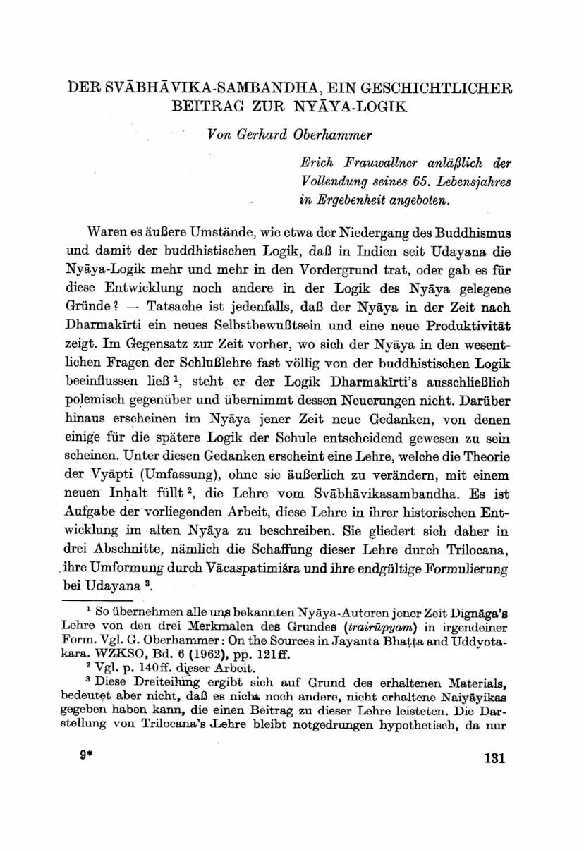 First page of Der Svabhavika Sambandha Ein Geschichtlicher Beitrag Zur Nyaya Logik