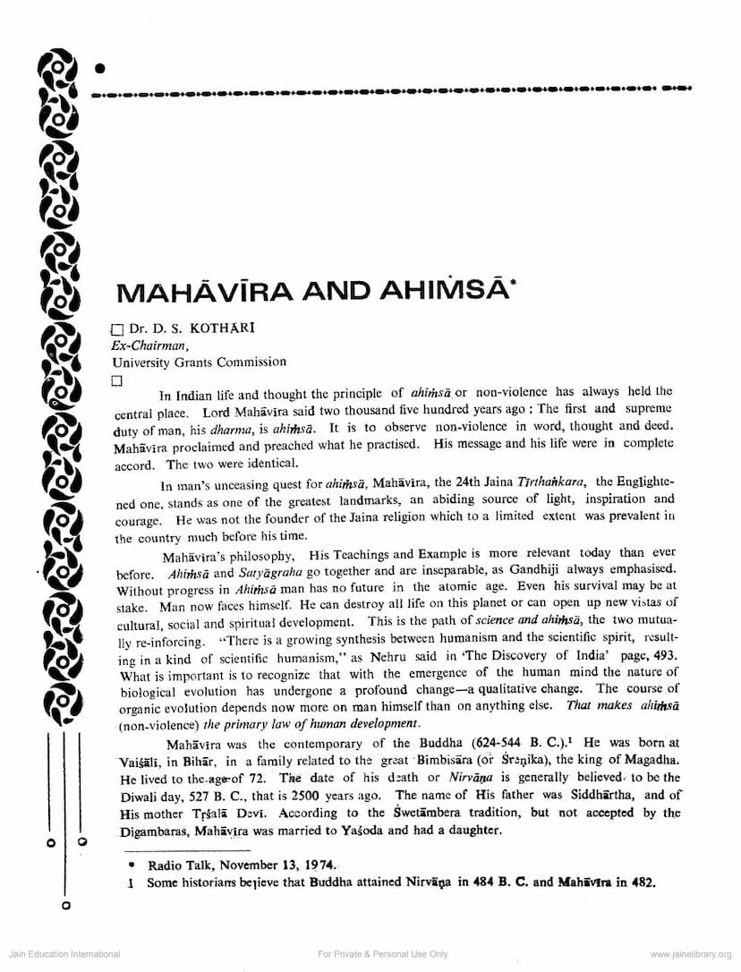 First page of Mahavira And Ahimsa
