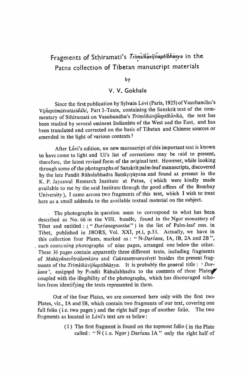 First page of Fragments Of Sthiramatis Trimsikavijnaptibhasya In Patna Ccollection Of Tibetan Manuscript Materials