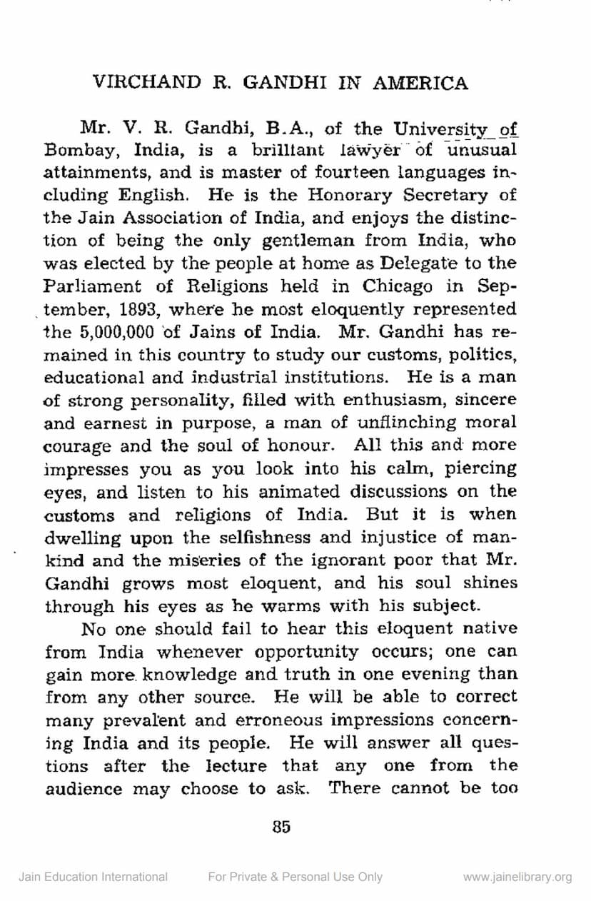 First page of V R Gandhi In America