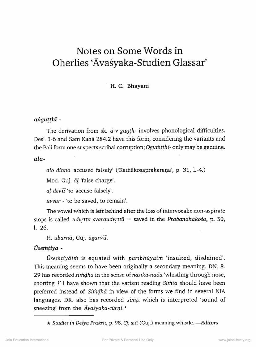 First page of Notes On Some Words In Oherlies Avasyaka Studien Glassar