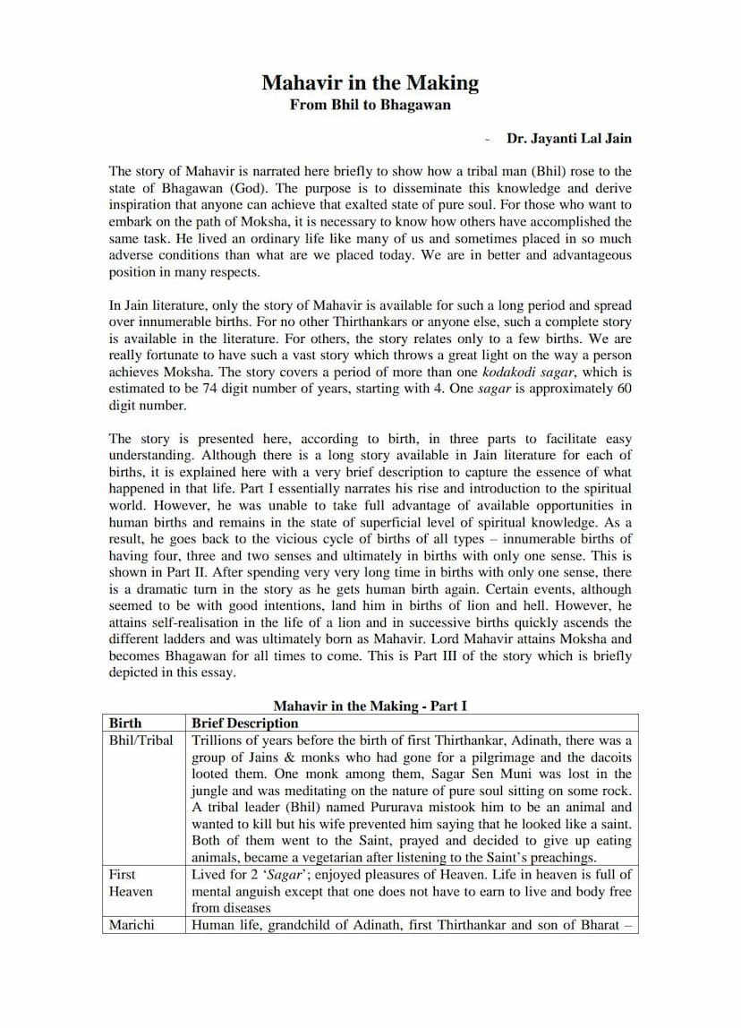 First page of Mahavir In The Making From Bhil To Bhagwan