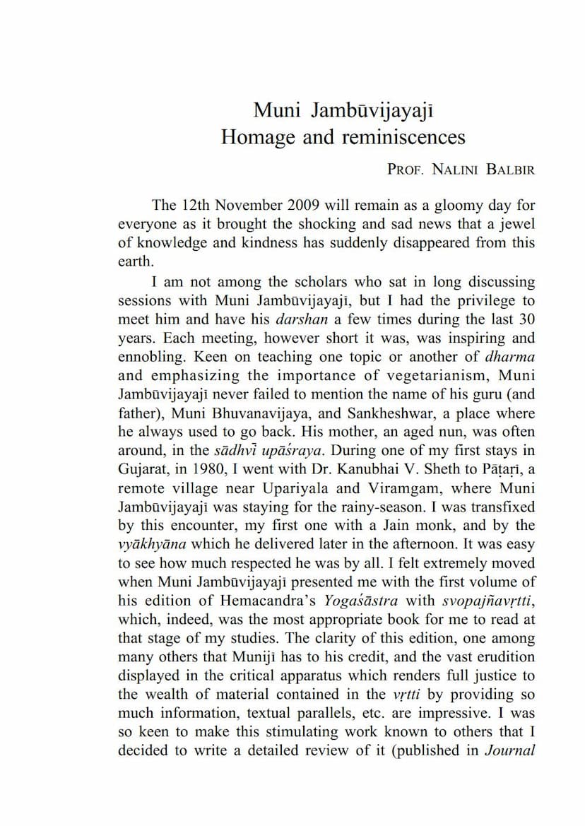 First page of Muni Jambuvijayji Homage And Reminiscences