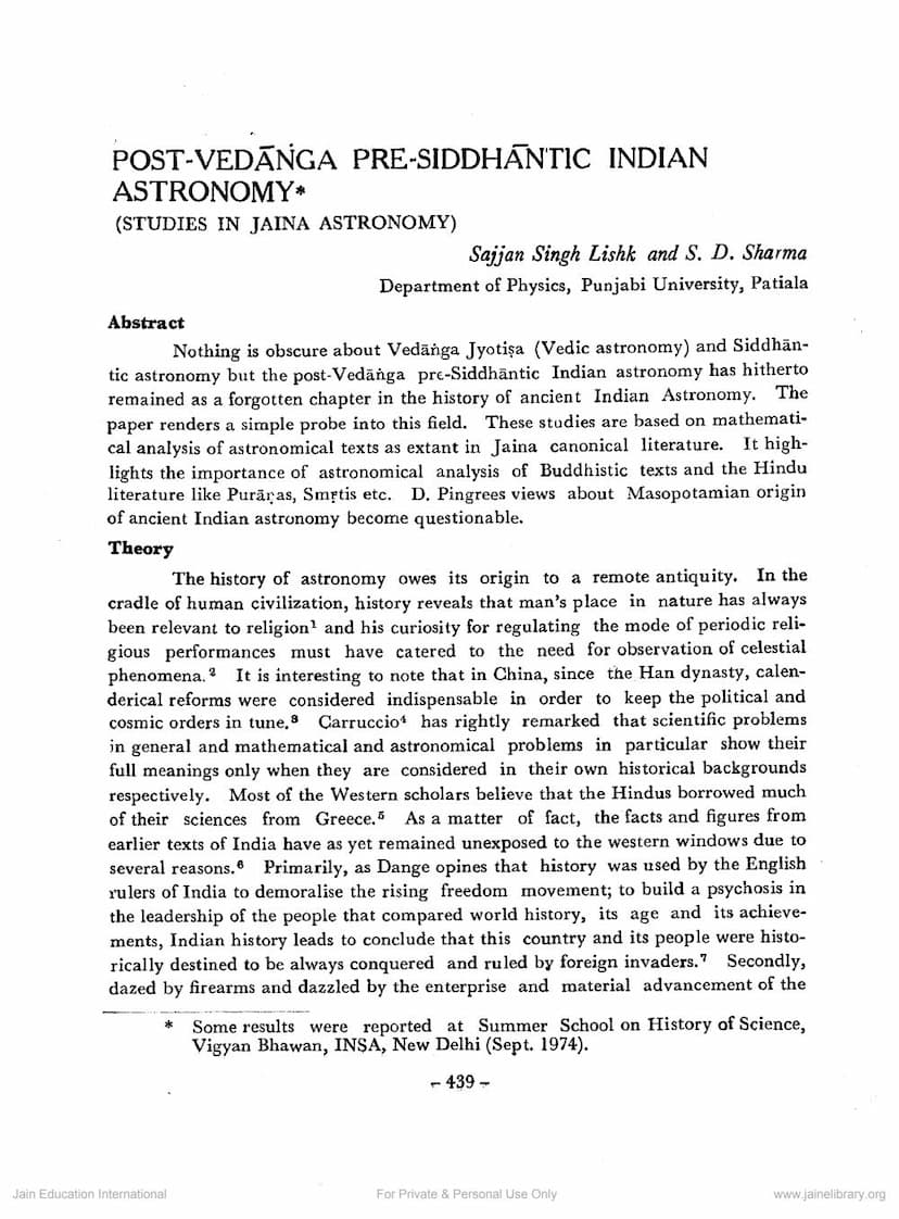 First page of Studies In Jain Astronomy Postvedang Prisiddhantik Indian Astronomy