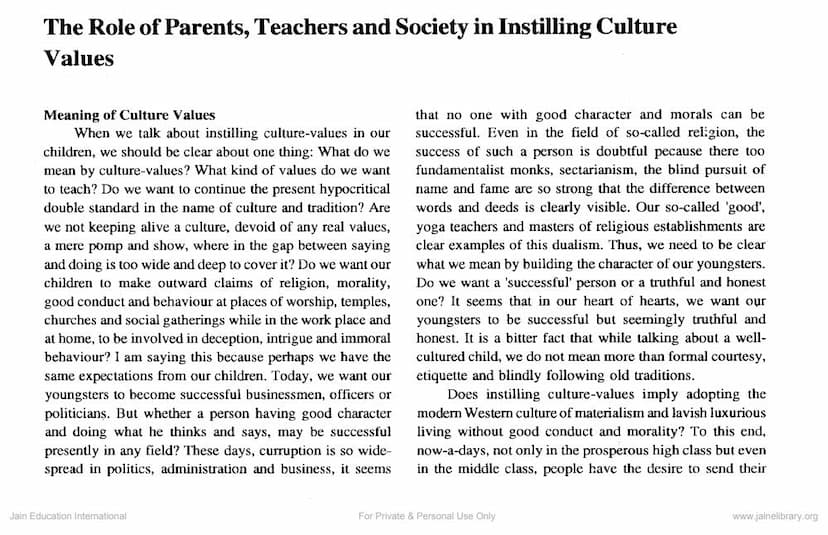 First page of Role Of Parents Teachers And Society In Instilling Culture Values