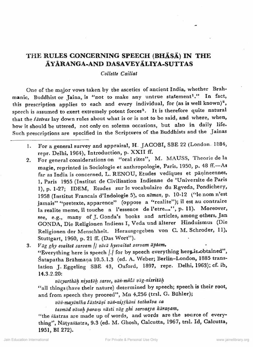 First page of Rules Concerning Speech In The Ayaranga And Dasaveyaliya Sutras