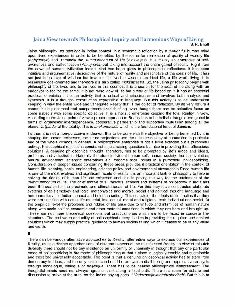 First page of Jaina View Towards Philosophical Inquiry And Harmonious Ways Of Living