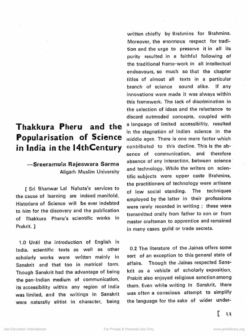 First page of Thakkura Pheru And Popularisation Of Science In India In 14th Century