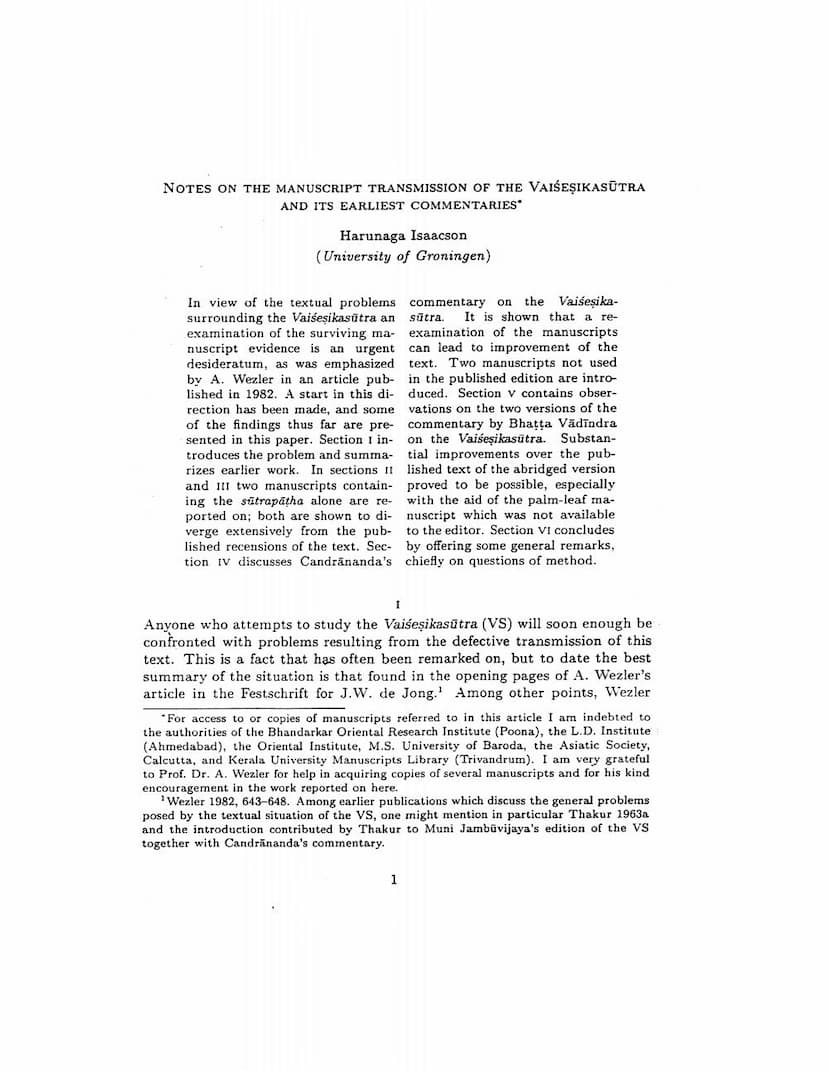 First page of Notes On Manuscript Transmission Of Vaisesika Sutra And Its Earliest Commentaries