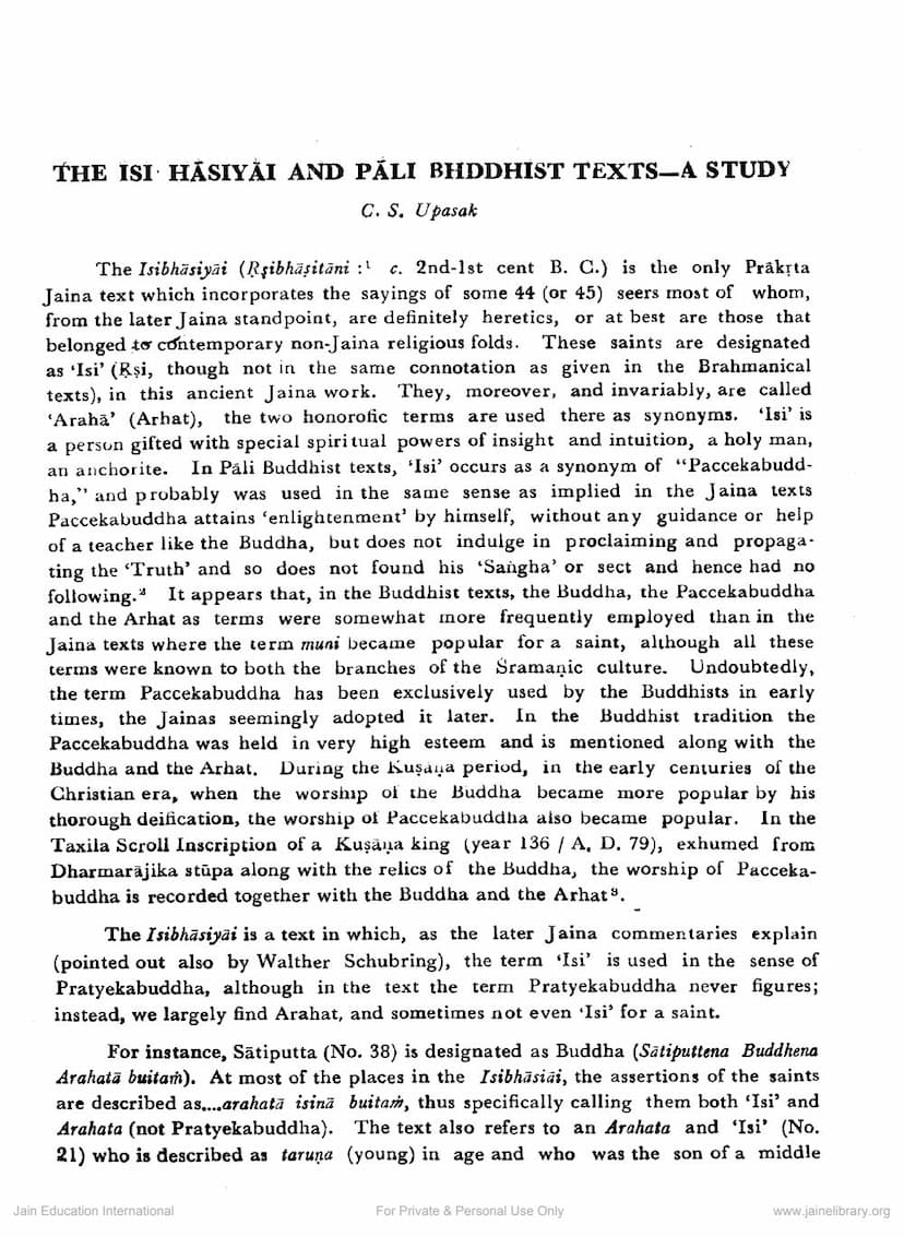 First page of Isibhasiyai And Pali Buddhist Texts A Study