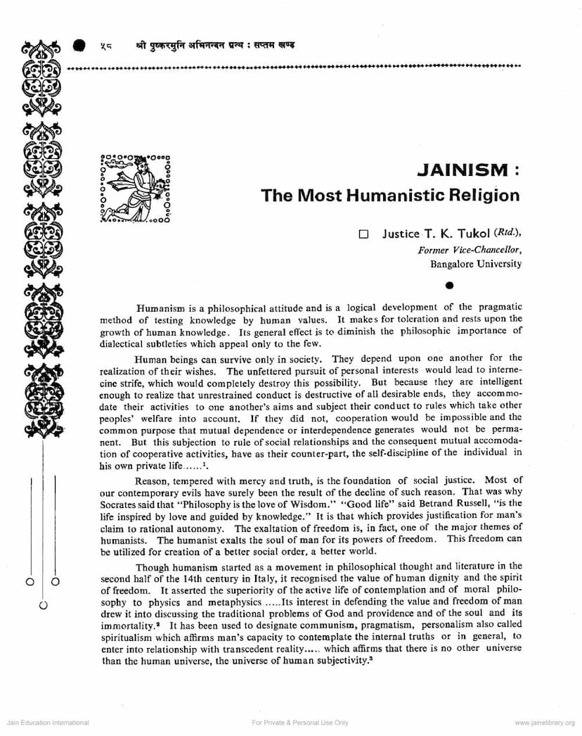 First page of Jainism Most Humanistic Religion
