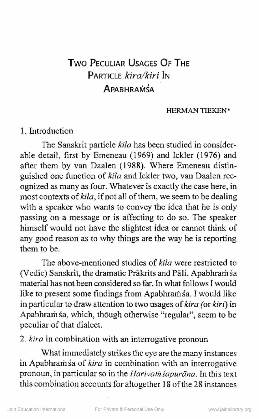 First page of Two Peculiar Usages Of Particle Kira Kiri In Apbhramsa