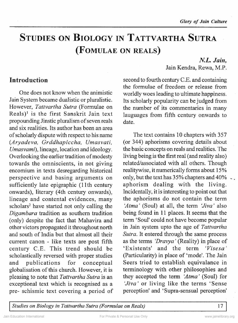 First page of Studies On Biology In Tattvartha Sutra