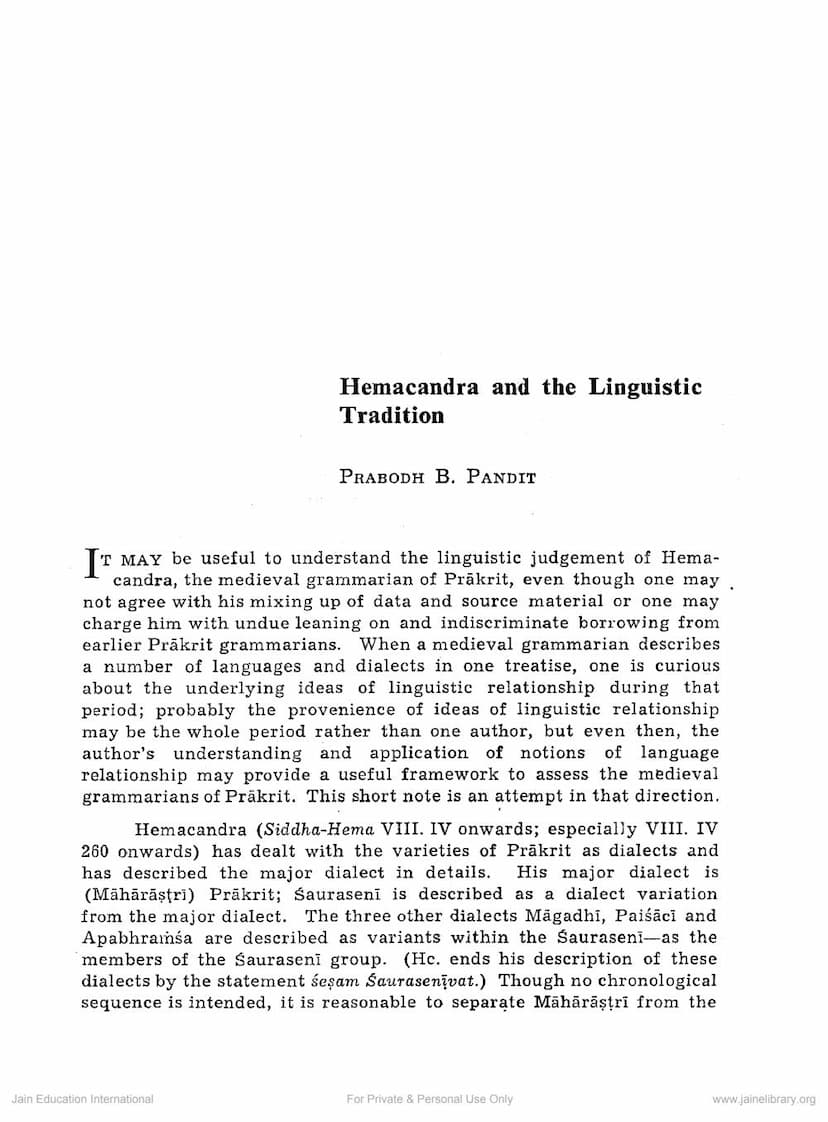 First page of Hemacandra And The Linguistic Tradition