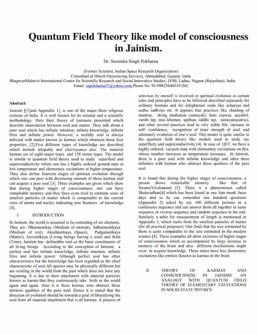 First page of Quantum Field Theory Like Model Of Consciousness In Jainism