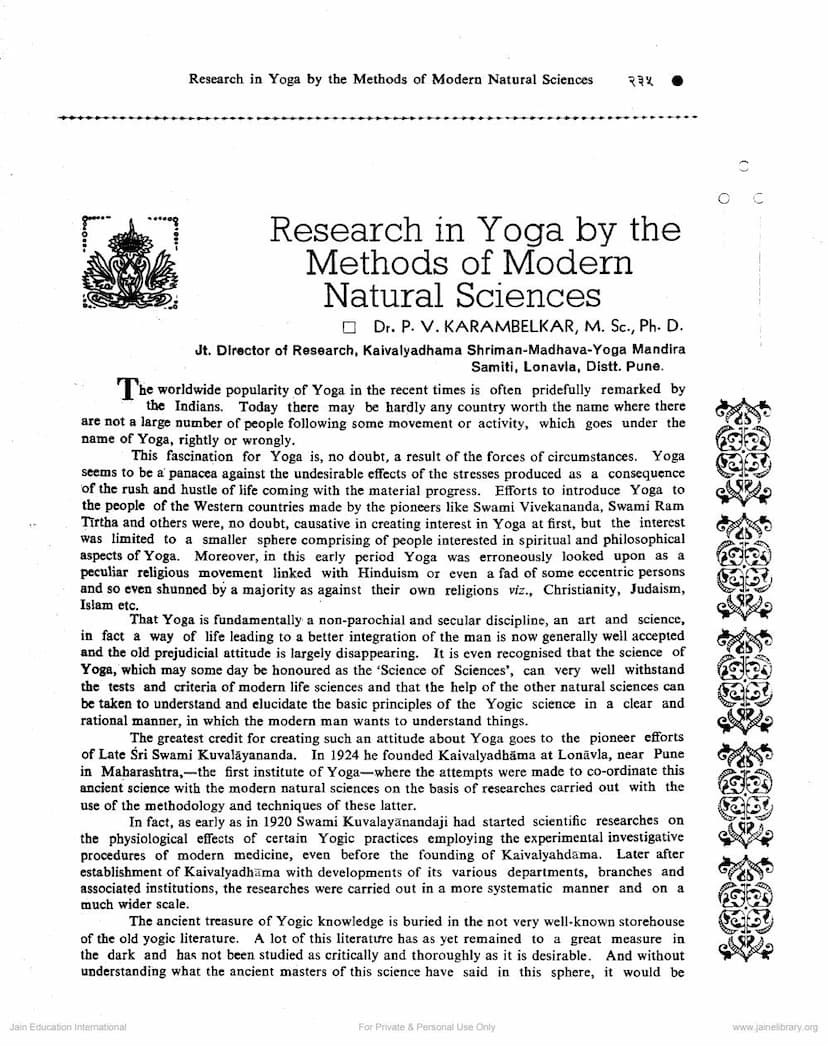 First page of Research In Yoga By The Methods Of Modern Natural Sciences