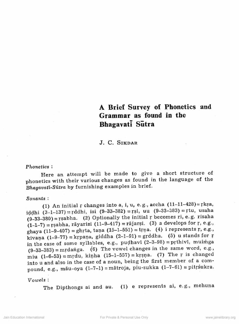 First page of Brief Survey Of Phonetics And Grammar As Found)In The Bhagawati Sutra