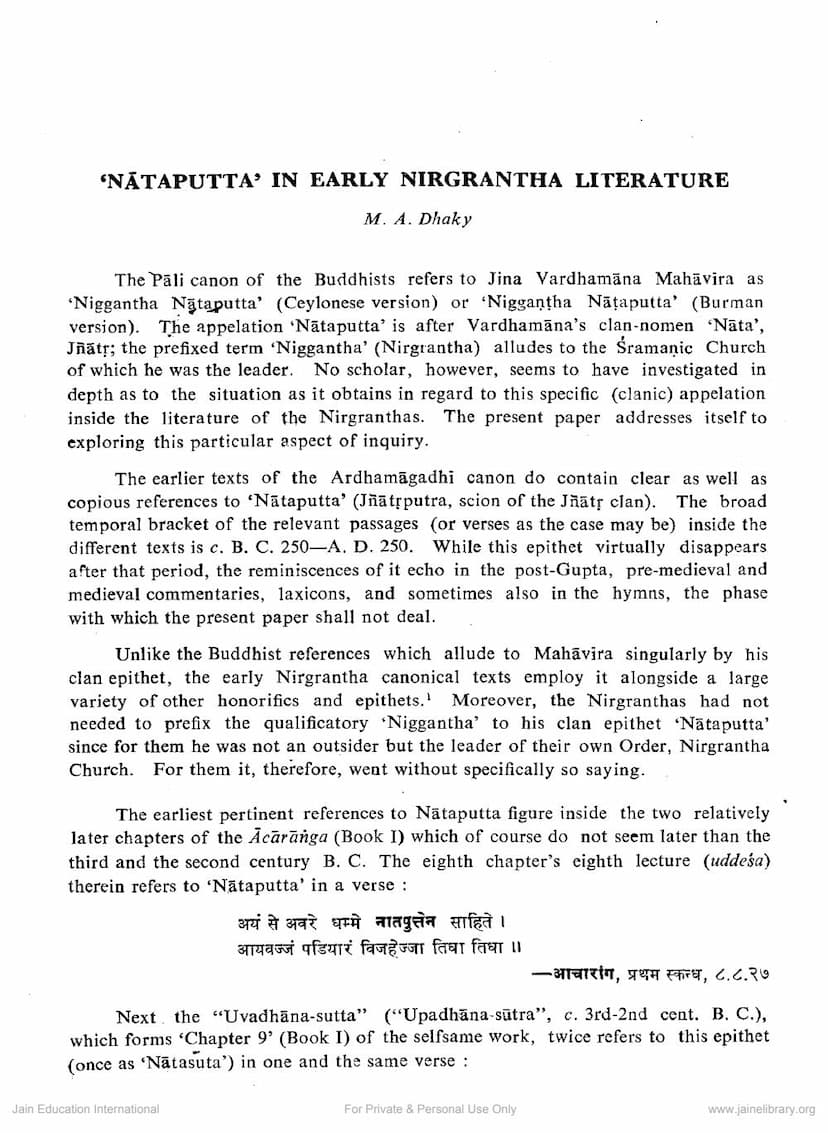 First page of Nataputta In Early Nirgrantha Literature