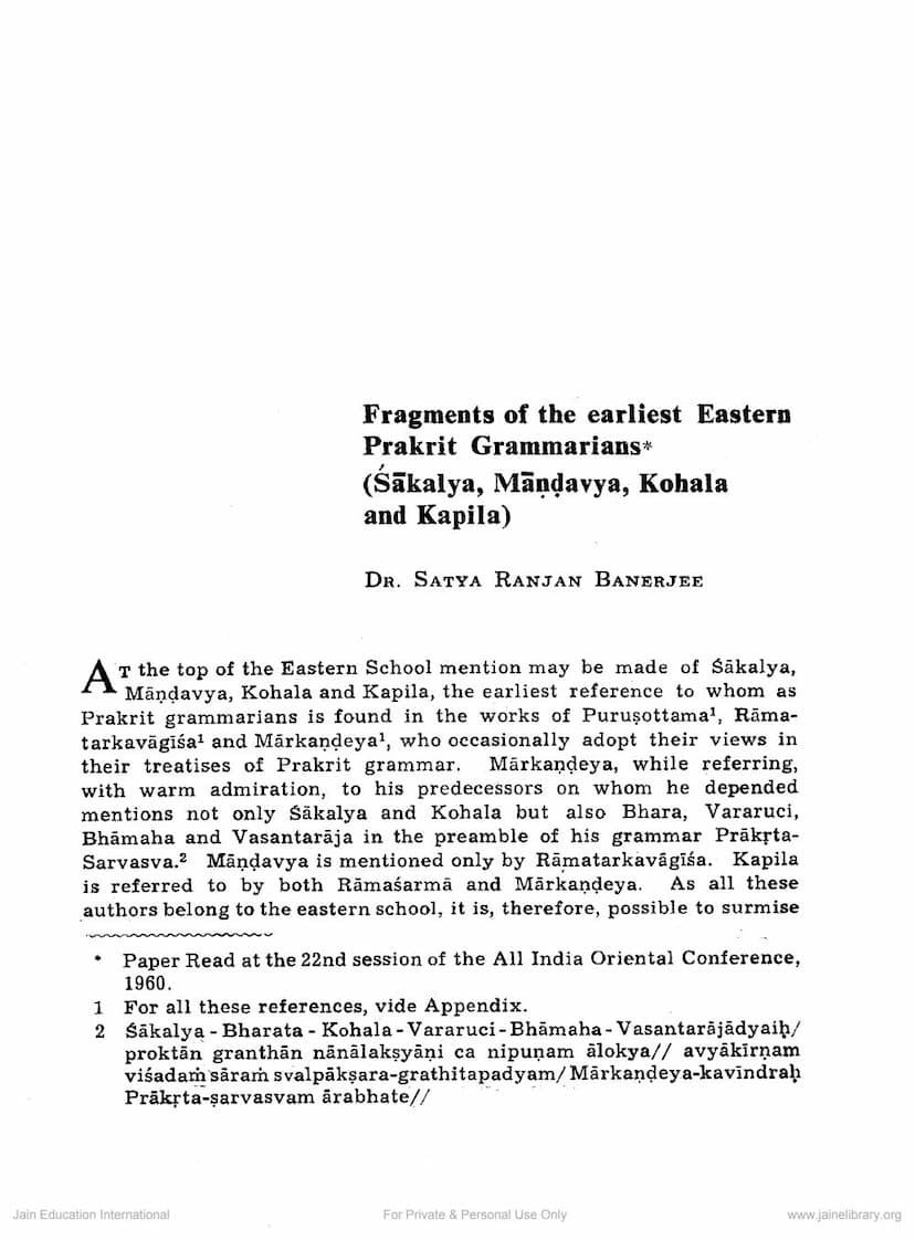 First page of Fragments Of The Earliest Eastern Prakrit Grammarians