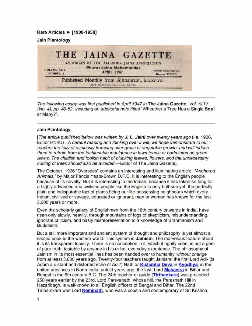 First page of Jain Plantology