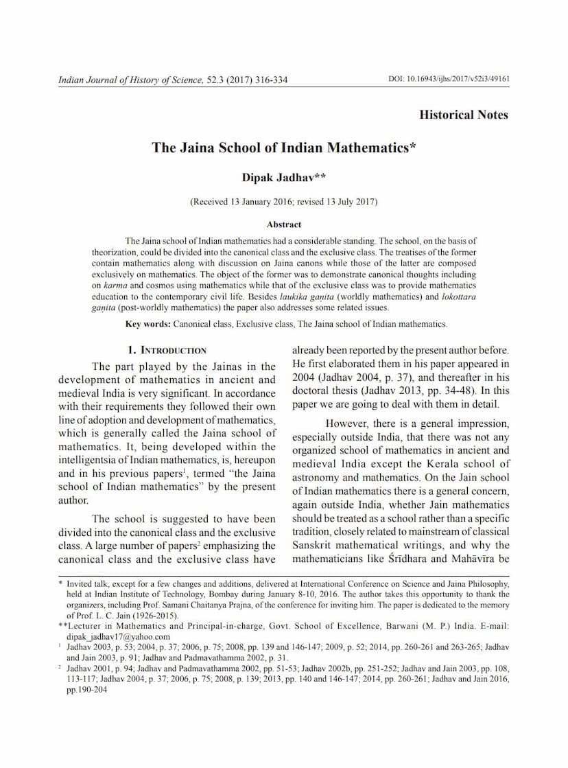 First page of Jaina School Of Indian Mathematics