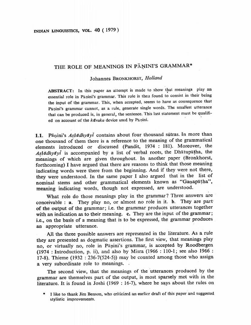 First page of Role Of Meanings Uin Paninis Grammar