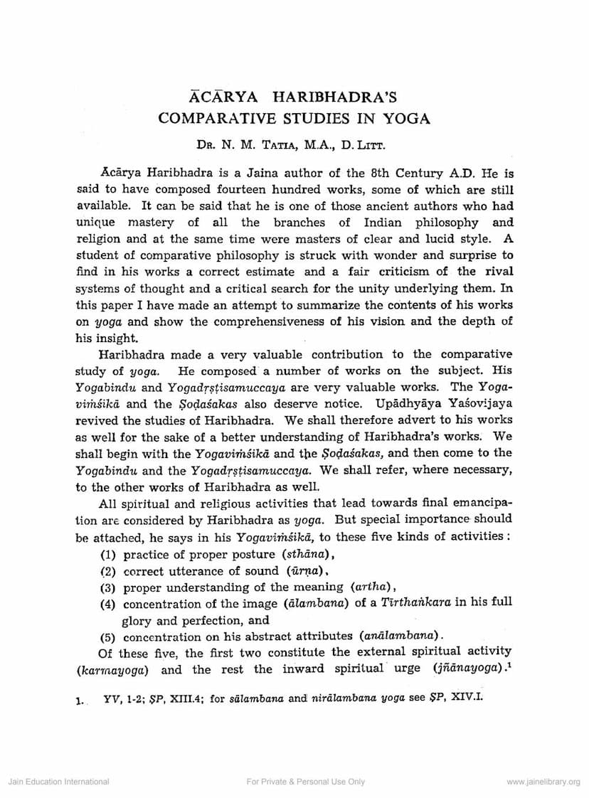 First page of Acarya Haribhadras Comparative Studies In Yoga