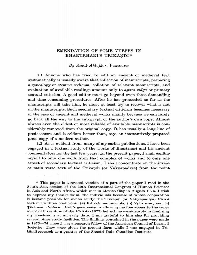 First page of Emendation Of Some Verses In Bhrtharis Trikandi