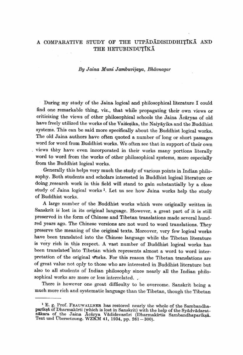 First page of Comparative Study Of Utpadadisiddhi Tika And Hetubindu Tika