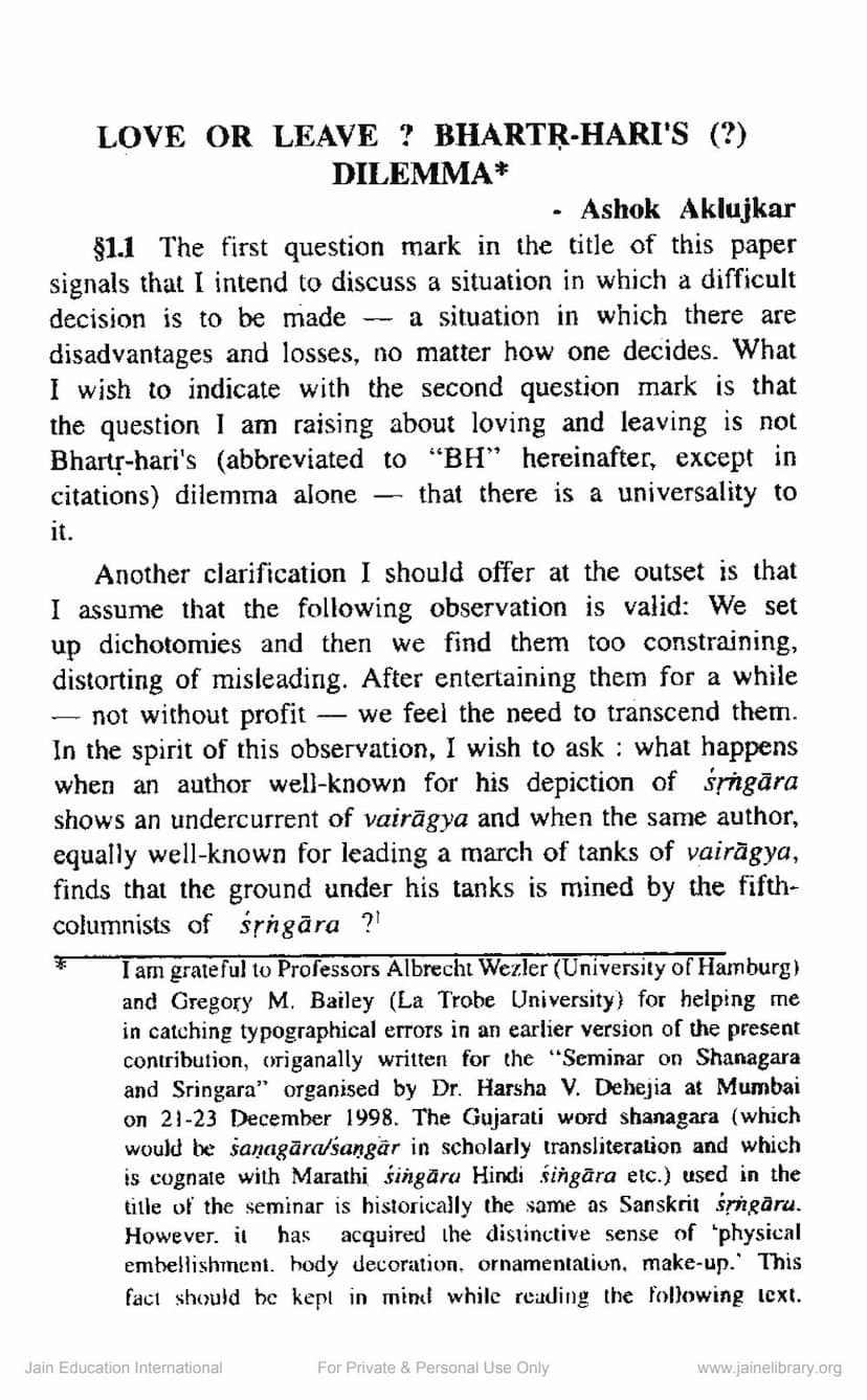 First page of Love Or Leave Bhartuharis Dilemma