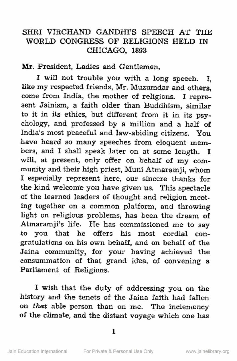 First page of V R Gandhis Speech In WCR At Chicago